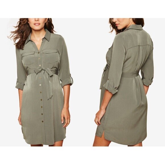 Motherhood Maternity Belted Shirt Dress S Olive Green Button Up Comfy Breathable - Picture 1 of 16